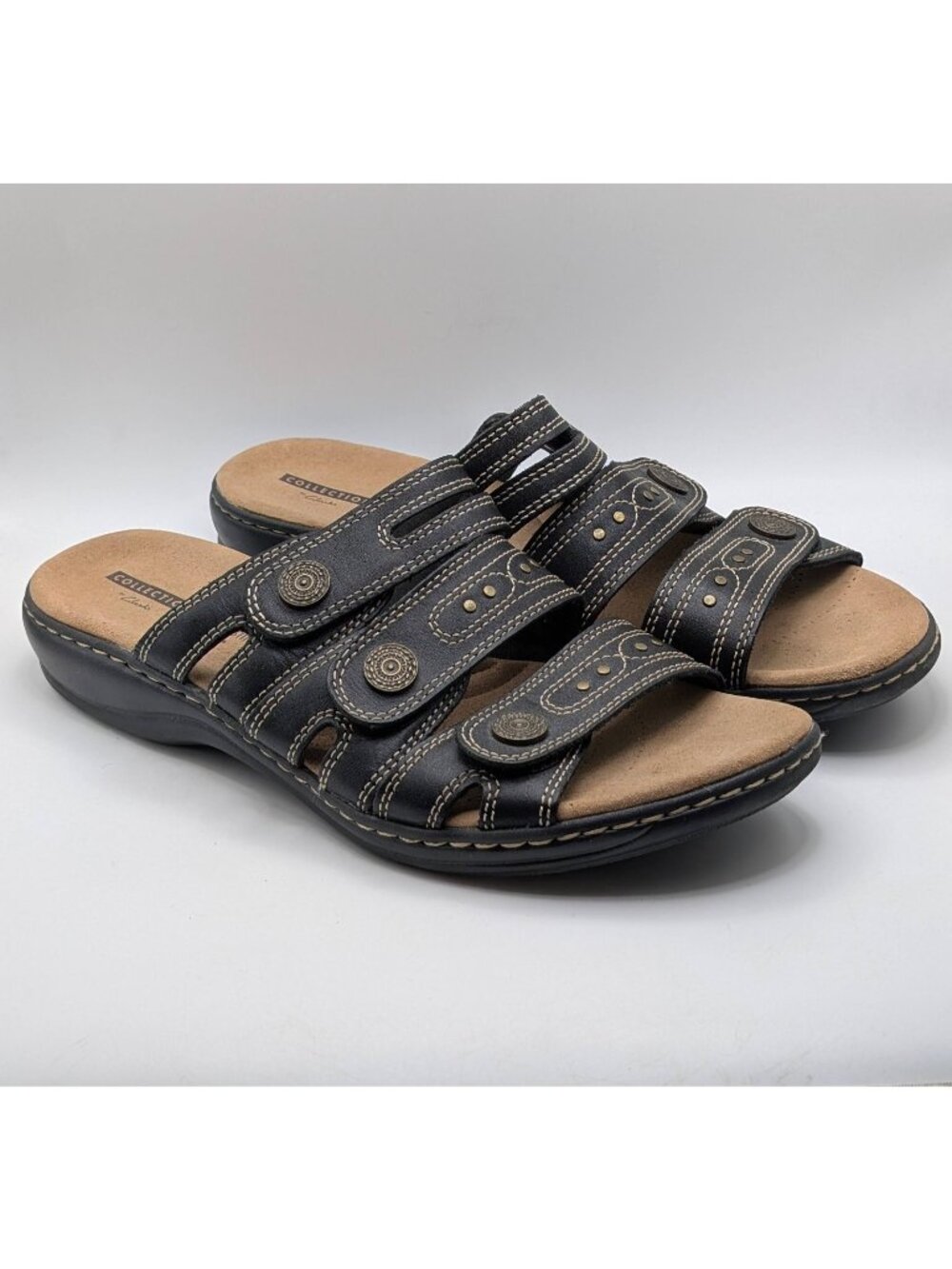 Clarks Sandals Leisa Cacti Q Womens Size 11M Adjustable Black Leather Slip On